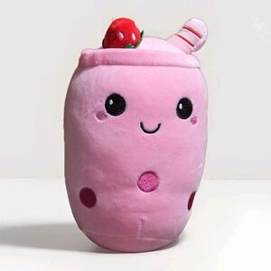 Stuffed Boba Plush Strawberry Bubble Tea Plush Milk Teacup Plush 9" Fruit Pillow